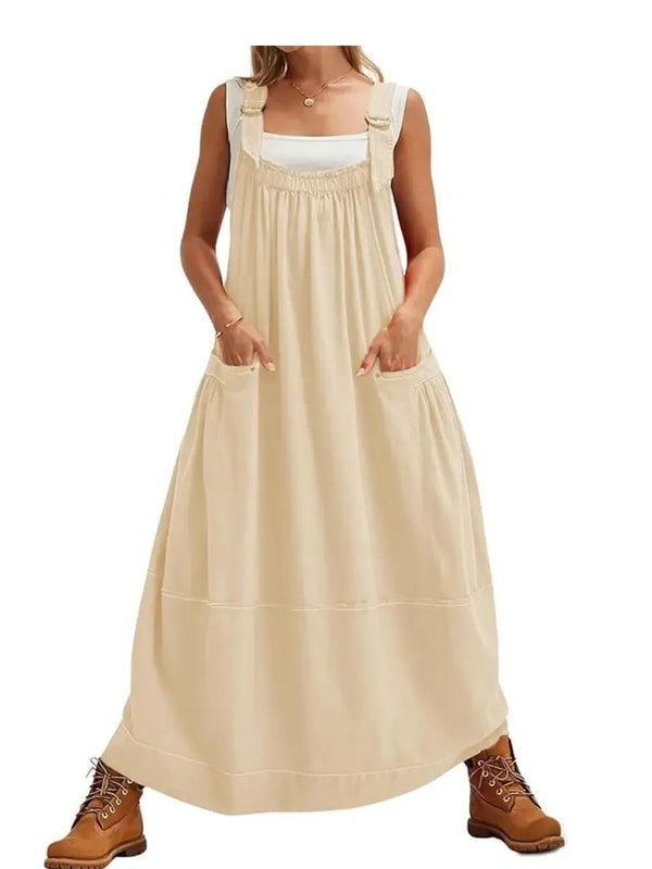 Women's Adjustable Shoulder Strap Loose Long Dress with Pockets