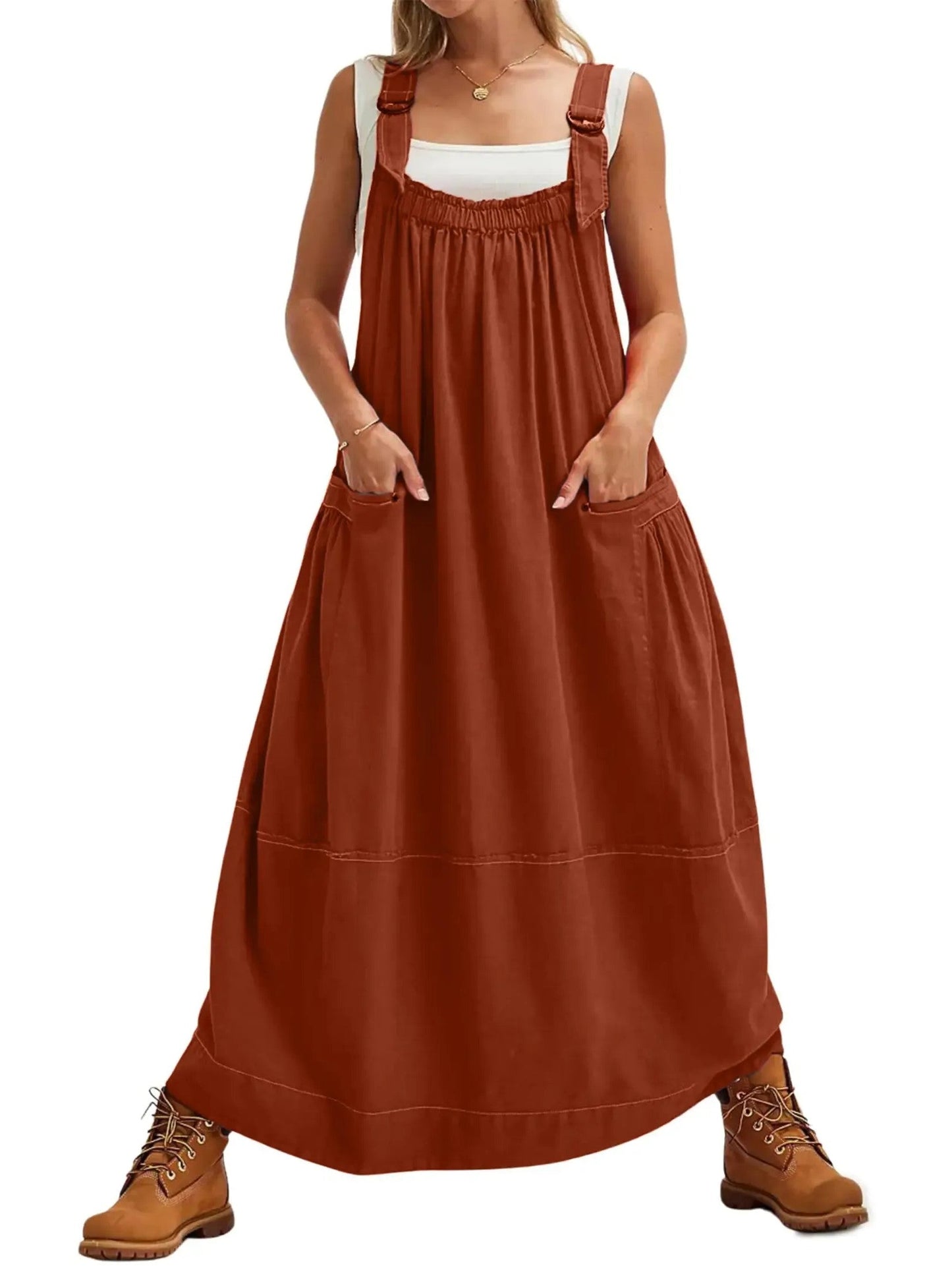 Women's Adjustable Shoulder Strap Loose Long Dress with Pockets
