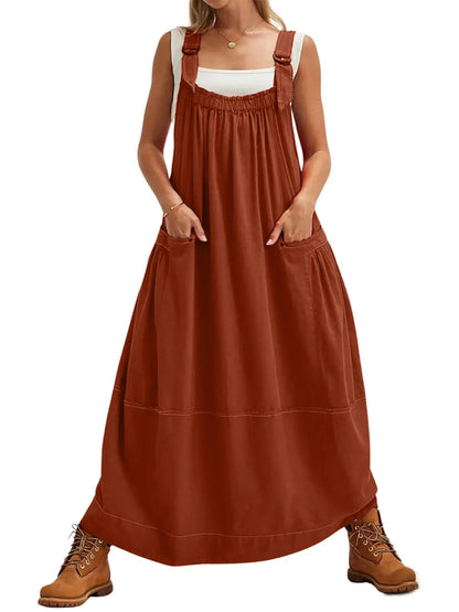 Women's Adjustable Shoulder Strap Loose Long Dress with Pockets
