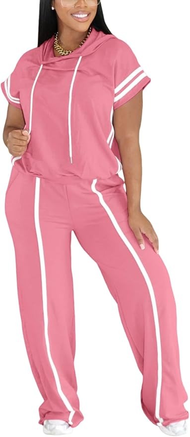 Women Summer Striped Short Sleeve Hoodie and Wide Leg Sweatpants Set Lounge Sets