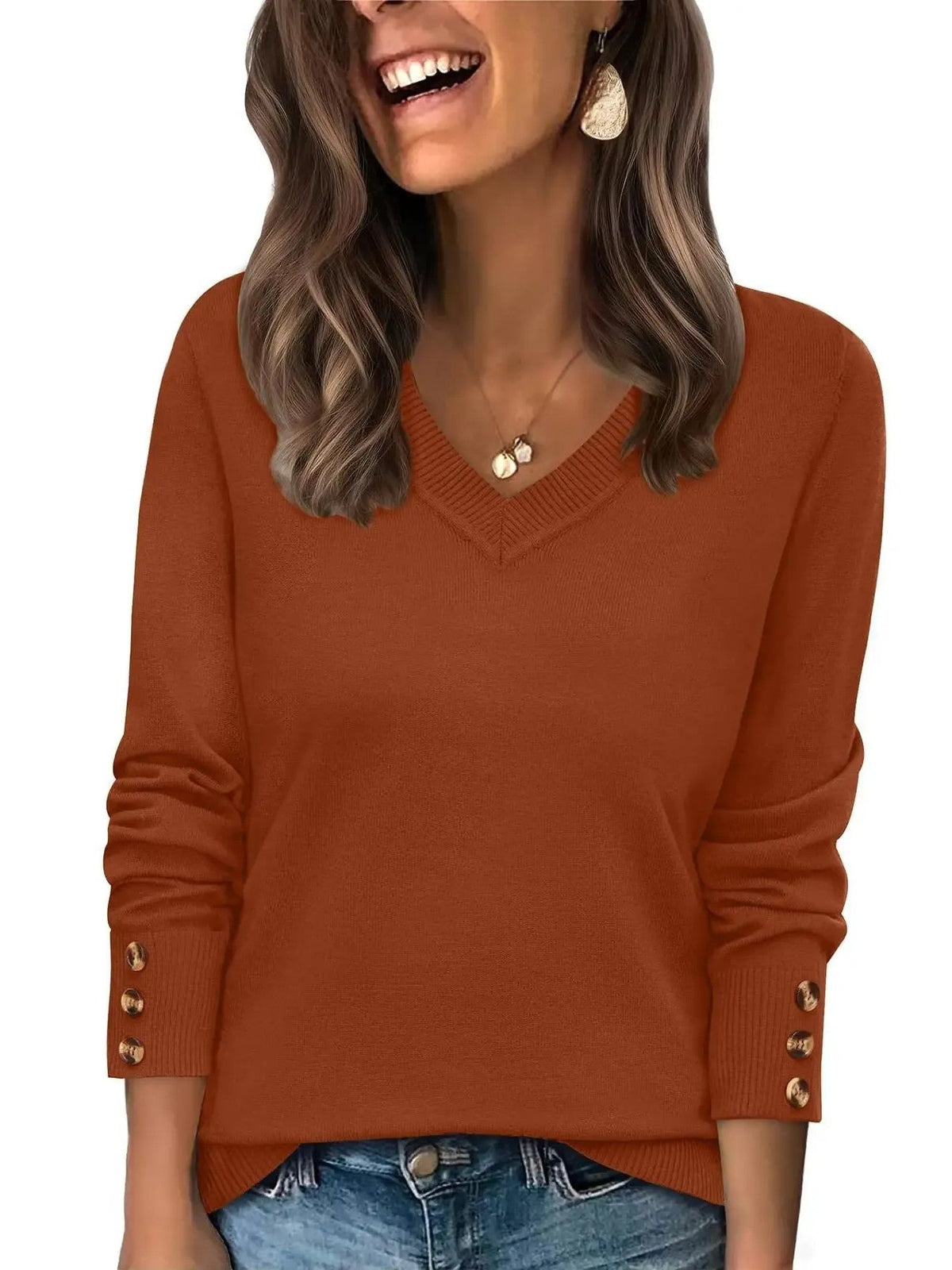 Women's Button‑Cuff V Neck Knit Pullover