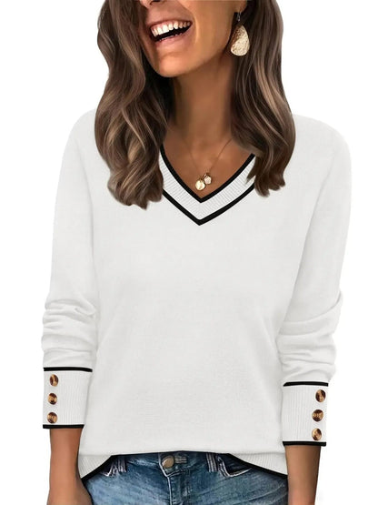 Women's Button‑Cuff V Neck Knit Pullover