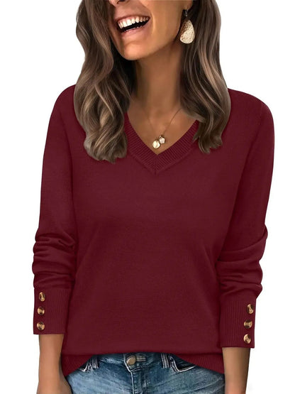 Women's Button‑Cuff V Neck Knit Pullover