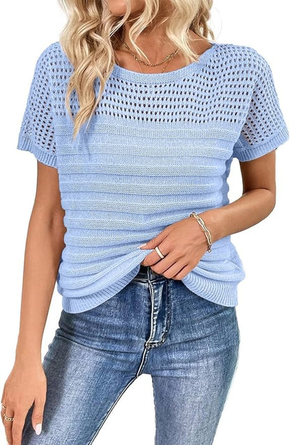 Womens Crew Neck Short Sleeve Shirts Knit Hollow Out Tops