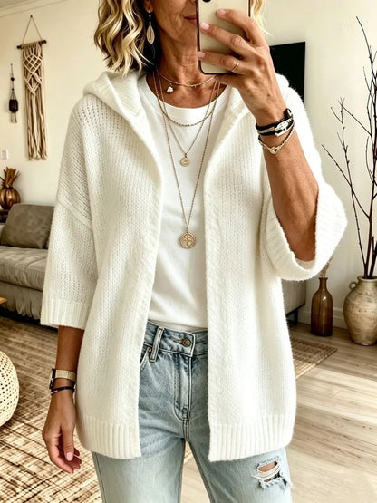 Women 3/4 Sleeve Hooded Knit Cardigan
