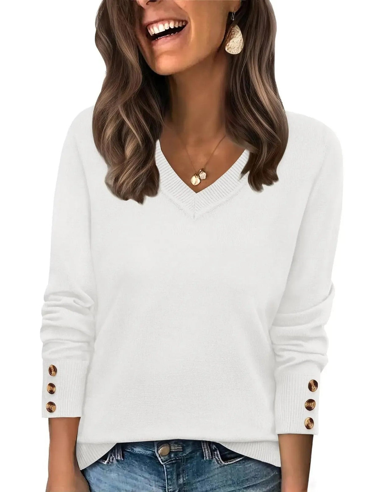 Women's Button‑Cuff V Neck Knit Pullover