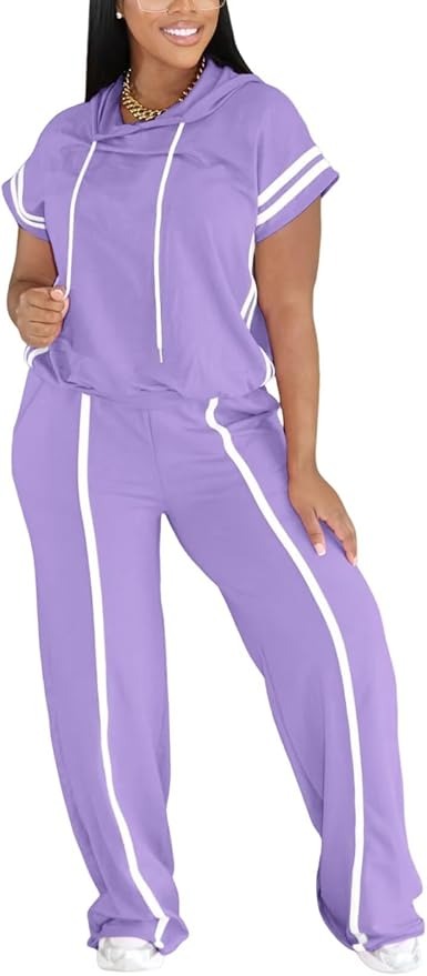 Women Summer Striped Short Sleeve Hoodie and Wide Leg Sweatpants Set Lounge Sets