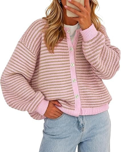 Women's Color-Block Striped Button-Front Knit Cardigan