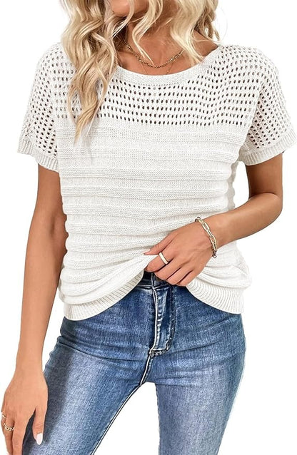 Womens Crew Neck Short Sleeve Shirts Knit Hollow Out Tops