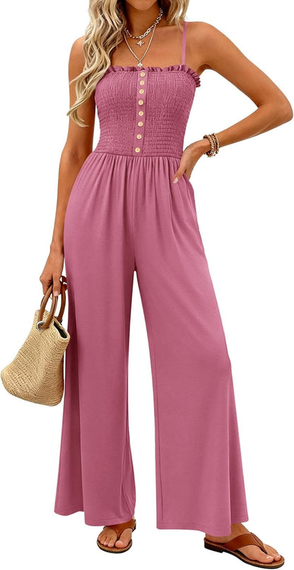 HOT SALE🔥Women's Smocked Spaghetti Strap Wide-Leg Jumpsuit with Pockets
