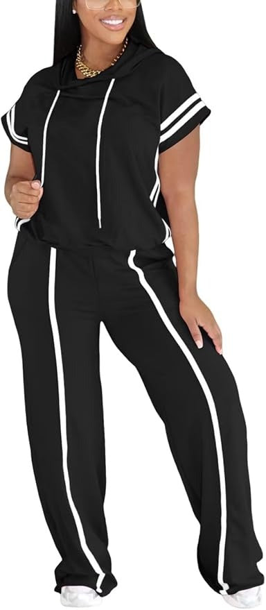 Women Summer Striped Short Sleeve Hoodie and Wide Leg Sweatpants Set Lounge Sets