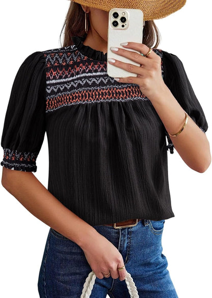 Women Casual Puff Sleeve Boho Pleated Shirts Embroidered Blouses Tunic