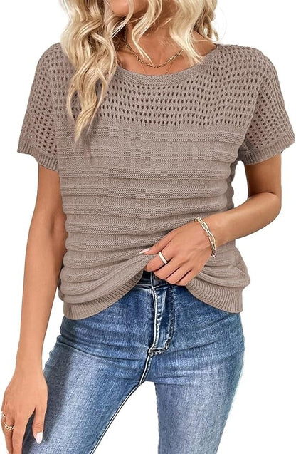 Womens Crew Neck Short Sleeve Shirts Knit Hollow Out Tops