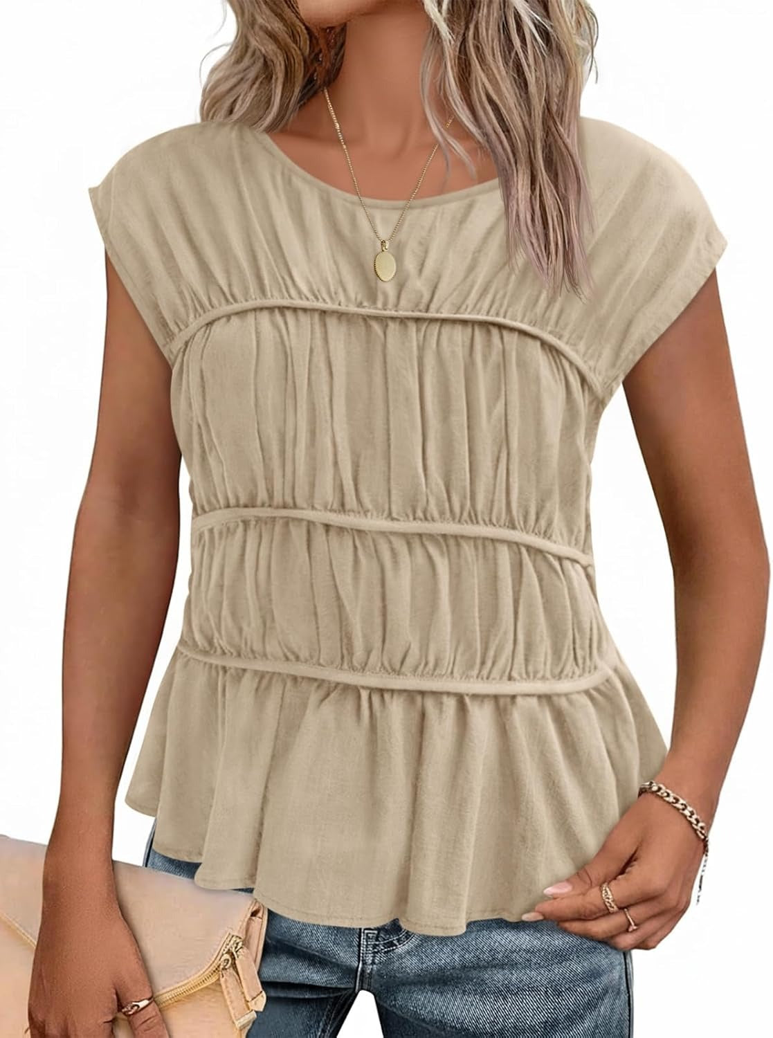 Womens Cap Sleeve Peplum Tank Tops Smocked Casual  Pleated Blouse