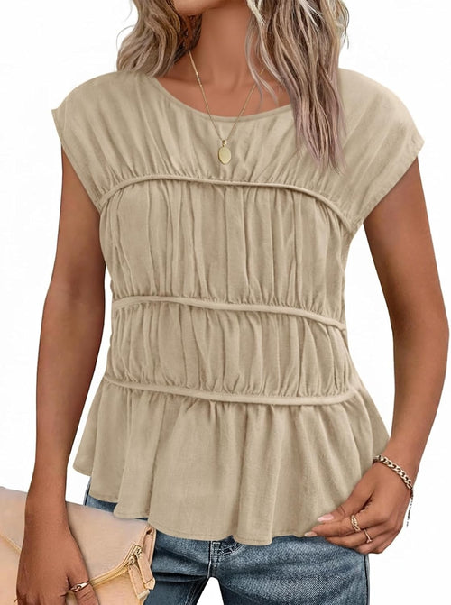 Womens Cap Sleeve Peplum Tank Tops Smocked Casual  Pleated Blouse