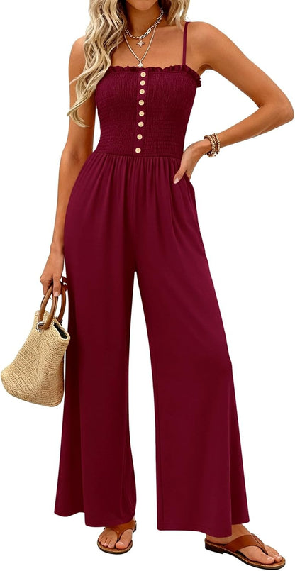 HOT SALE🔥Women's Smocked Spaghetti Strap Wide-Leg Jumpsuit with Pockets