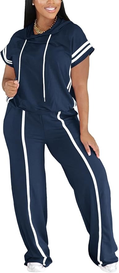 Women Summer Striped Short Sleeve Hoodie and Wide Leg Sweatpants Set Lounge Sets