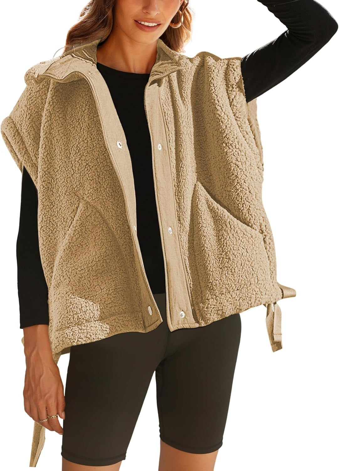 Womens Sleeveless Sherpa Vest Fuzzy Fleece Outerwear With Pockets
