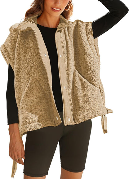 Womens Sleeveless Sherpa Vest Fuzzy Fleece Outerwear With Pockets