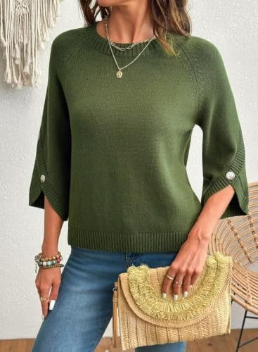 Women Casual 3/4 Flare Sleeve Top With Button Split Cuffs Knit Sweater