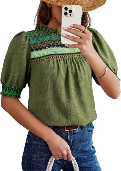 Women Casual Puff Sleeve Boho Pleated Shirts Embroidered Blouses Tunic