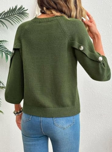 Women Casual 3/4 Flare Sleeve Top With Button Split Cuffs Knit Sweater