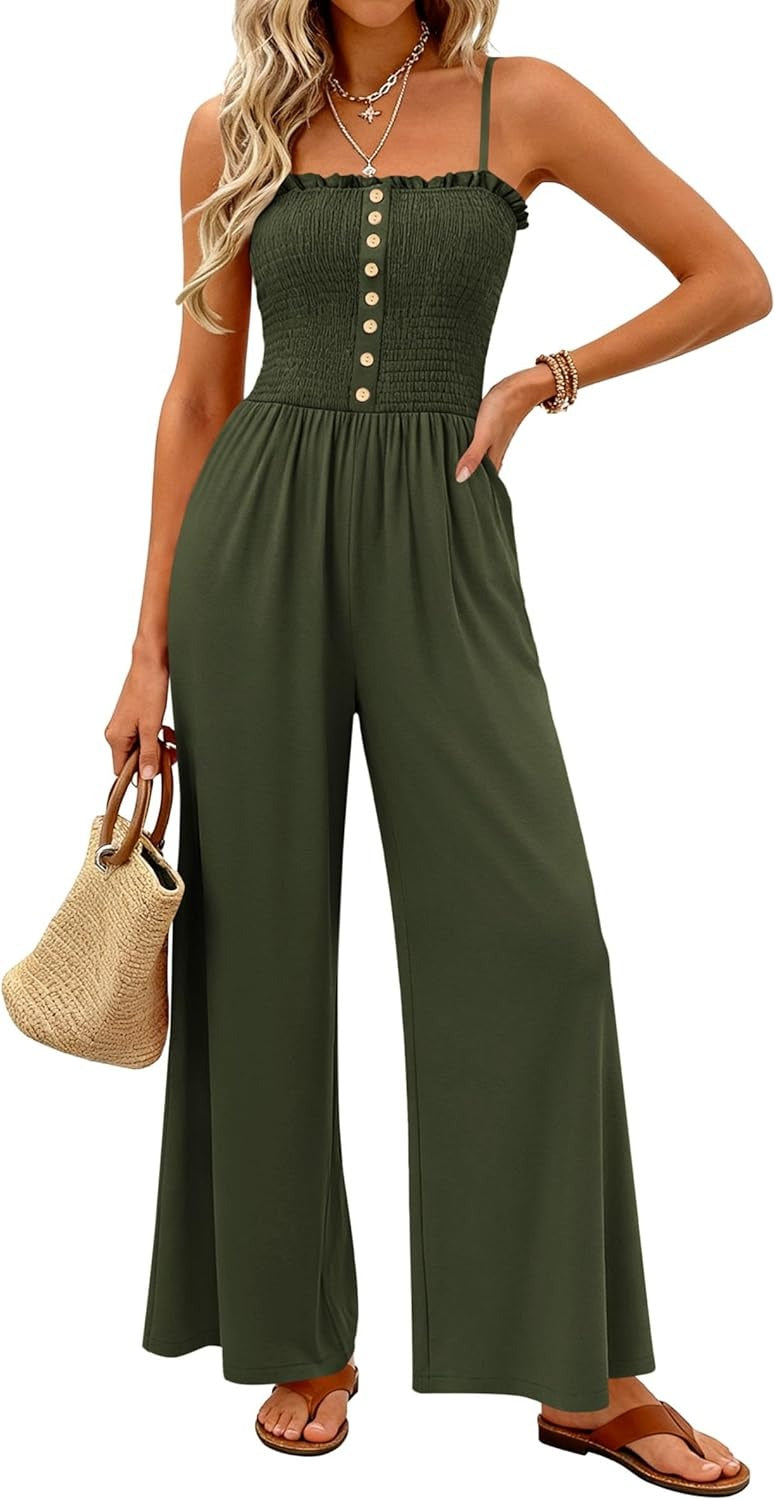 HOT SALE🔥Women's Smocked Spaghetti Strap Wide-Leg Jumpsuit with Pockets