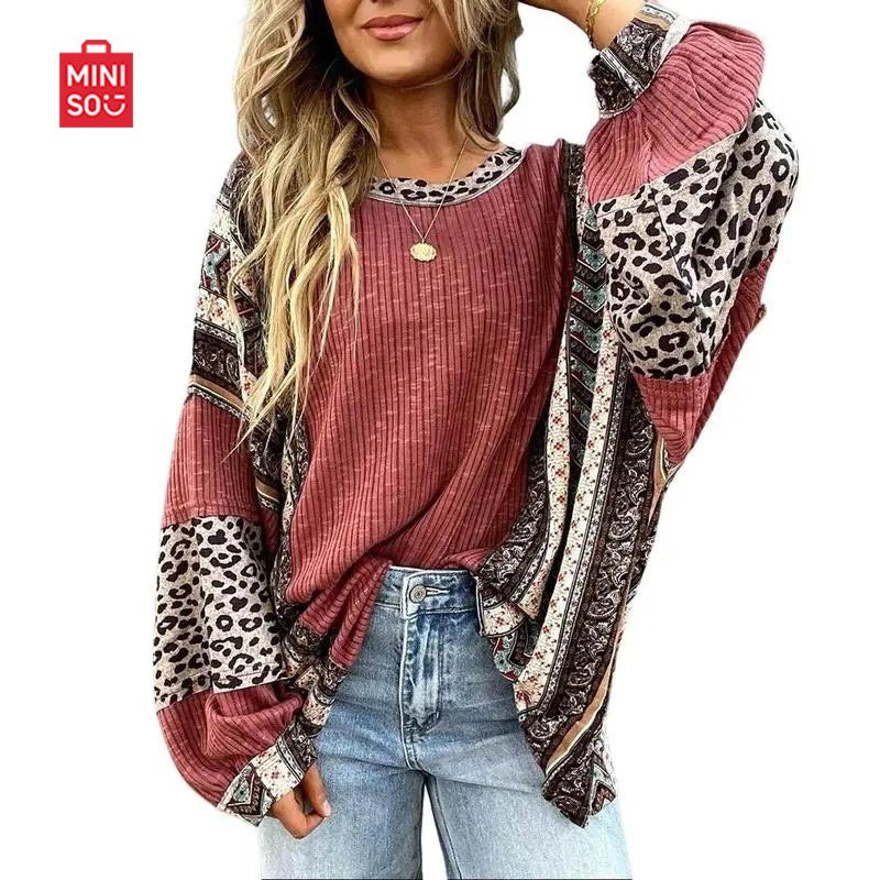 Womens Loose fit Long Sleeve Oversized Retro Leopard Contrast Patchwork Top