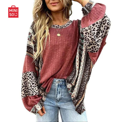Womens Loose fit Long Sleeve Oversized Retro Leopard Contrast Patchwork Top