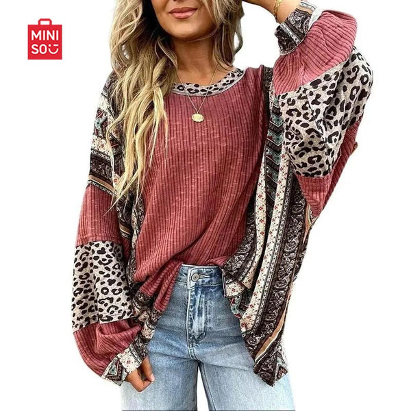 Womens Loose fit Long Sleeve Oversized Retro Leopard Contrast Patchwork Top