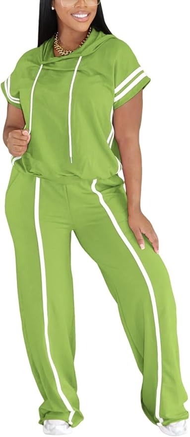 Women Summer Striped Short Sleeve Hoodie and Wide Leg Sweatpants Set Lounge Sets
