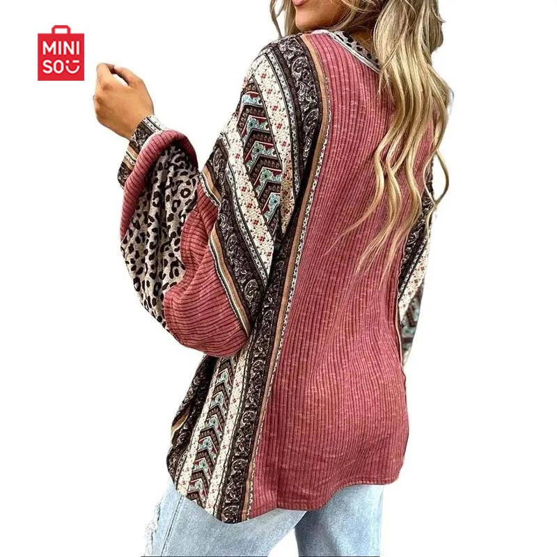 Womens Loose fit Long Sleeve Oversized Retro Leopard Contrast Patchwork Top