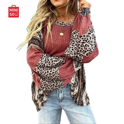 Womens Loose fit Long Sleeve Oversized Retro Leopard Contrast Patchwork Top