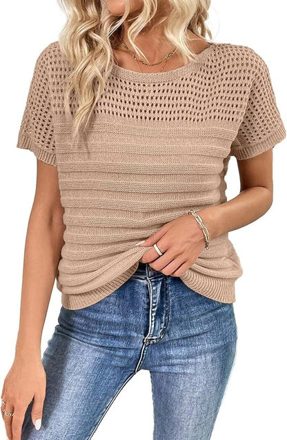Womens Crew Neck Short Sleeve Shirts Knit Hollow Out Tops