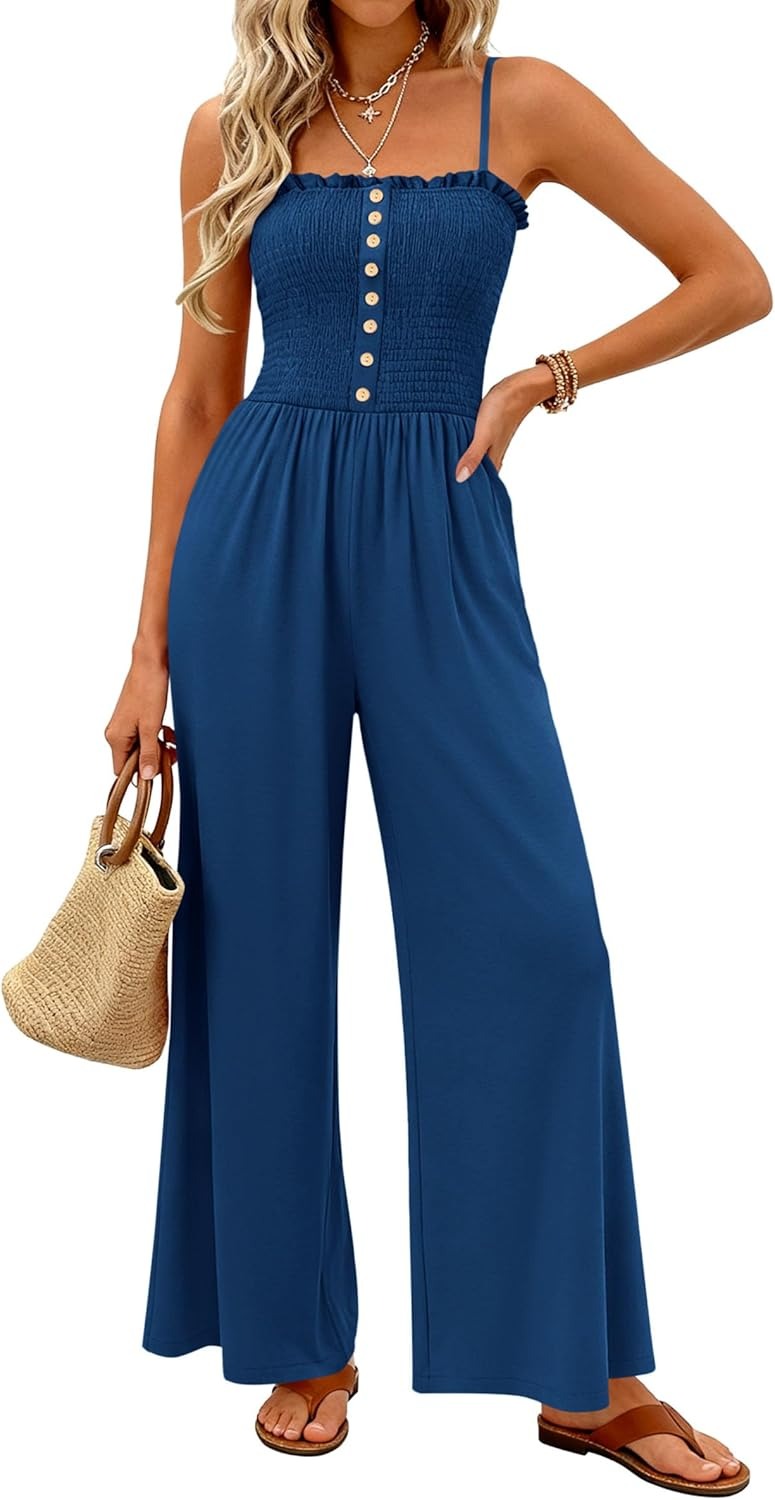 HOT SALE🔥Women's Smocked Spaghetti Strap Wide-Leg Jumpsuit with Pockets