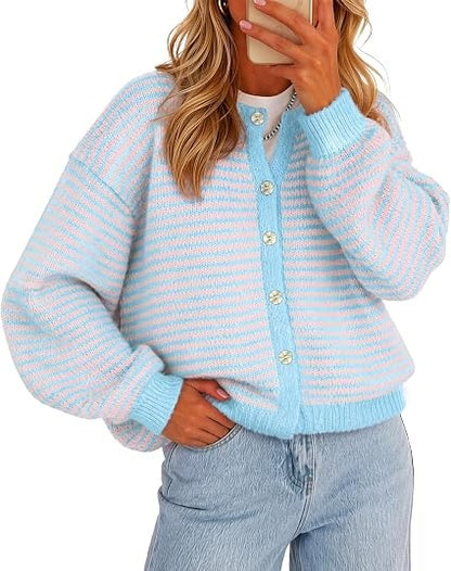 Women's Color-Block Striped Button-Front Knit Cardigan