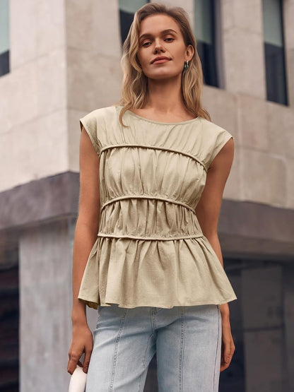 Womens Cap Sleeve Peplum Tank Tops Smocked Casual  Pleated Blouse