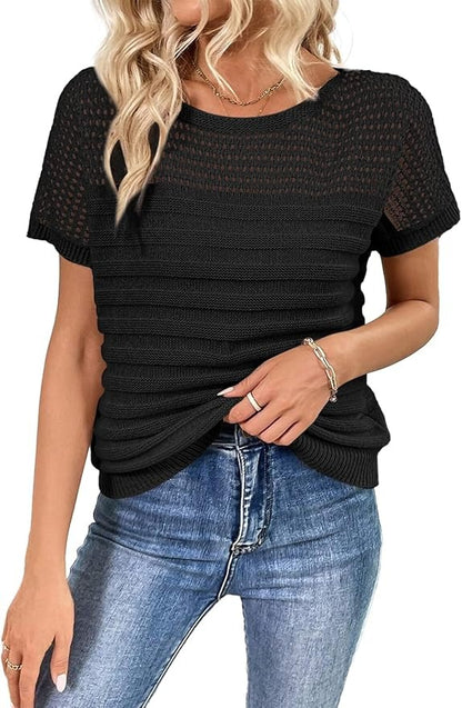 Womens Crew Neck Short Sleeve Shirts Knit Hollow Out Tops