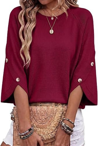 Women Casual 3/4 Flare Sleeve Top With Button Split Cuffs Knit Sweater