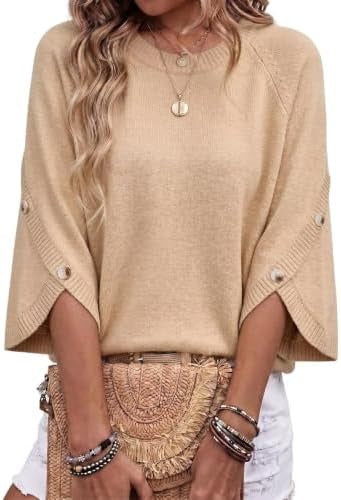 Women Casual 3/4 Flare Sleeve Top With Button Split Cuffs Knit Sweater