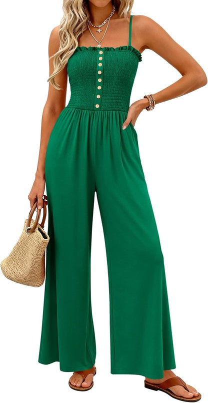 HOT SALE🔥Women's Smocked Spaghetti Strap Wide-Leg Jumpsuit with Pockets