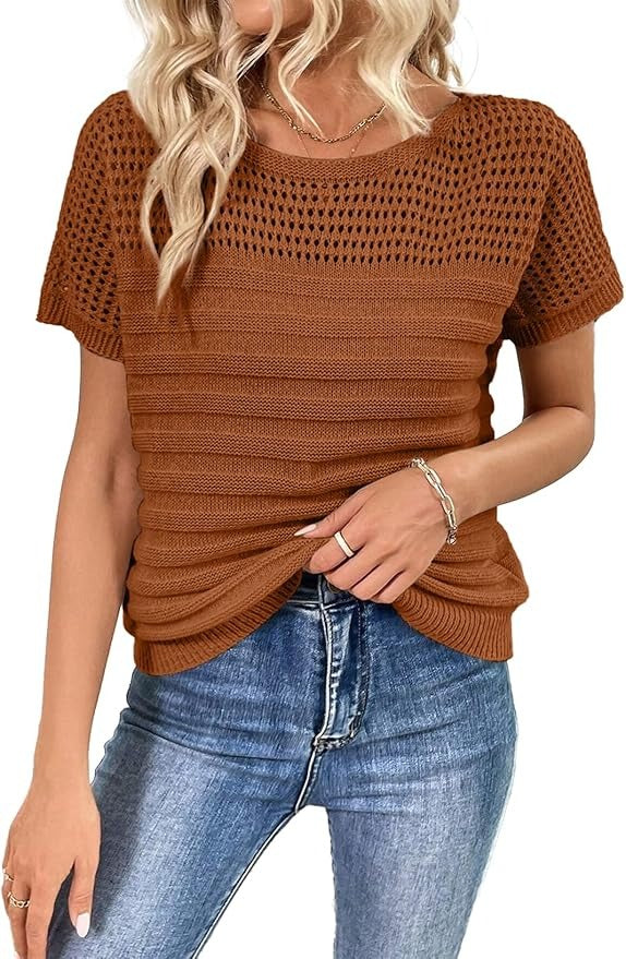 Womens Crew Neck Short Sleeve Shirts Knit Hollow Out Tops