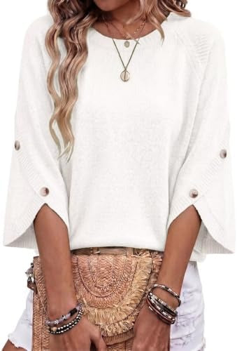 Women Casual 3/4 Flare Sleeve Top With Button Split Cuffs Knit Sweater