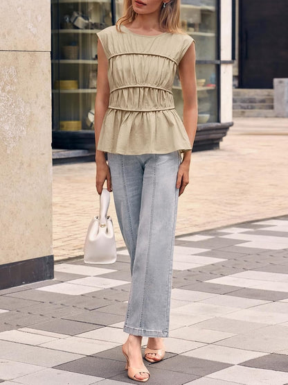 Womens Cap Sleeve Peplum Tank Tops Smocked Casual  Pleated Blouse