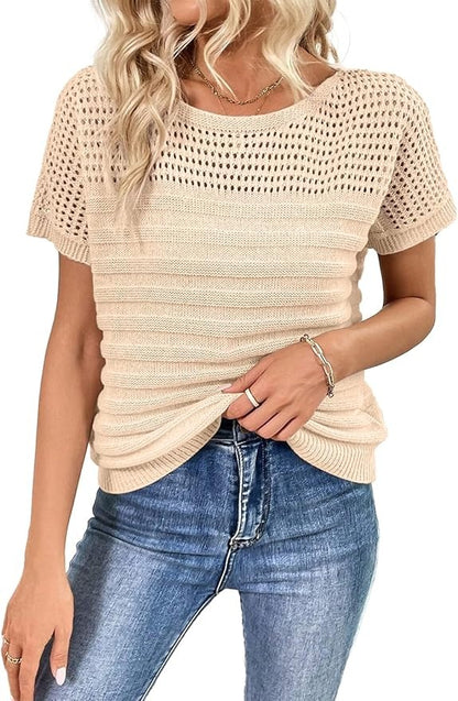 Womens Crew Neck Short Sleeve Shirts Knit Hollow Out Tops