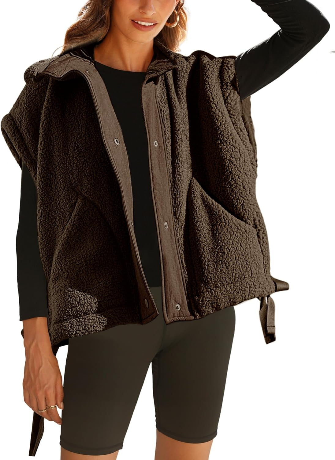 Womens Sleeveless Sherpa Vest Fuzzy Fleece Outerwear With Pockets