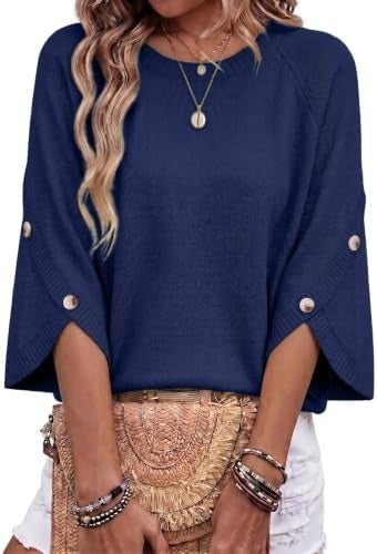 Women Casual 3/4 Flare Sleeve Top With Button Split Cuffs Knit Sweater