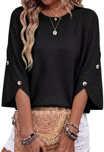 Women Casual 3/4 Flare Sleeve Top With Button Split Cuffs Knit Sweater