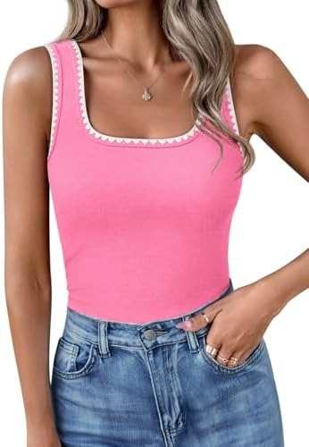 Women’s Square Neck Tank Tops Fitted Color Block Ribbed Tanks