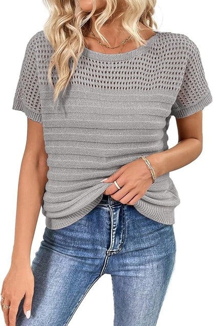 Womens Crew Neck Short Sleeve Shirts Knit Hollow Out Tops